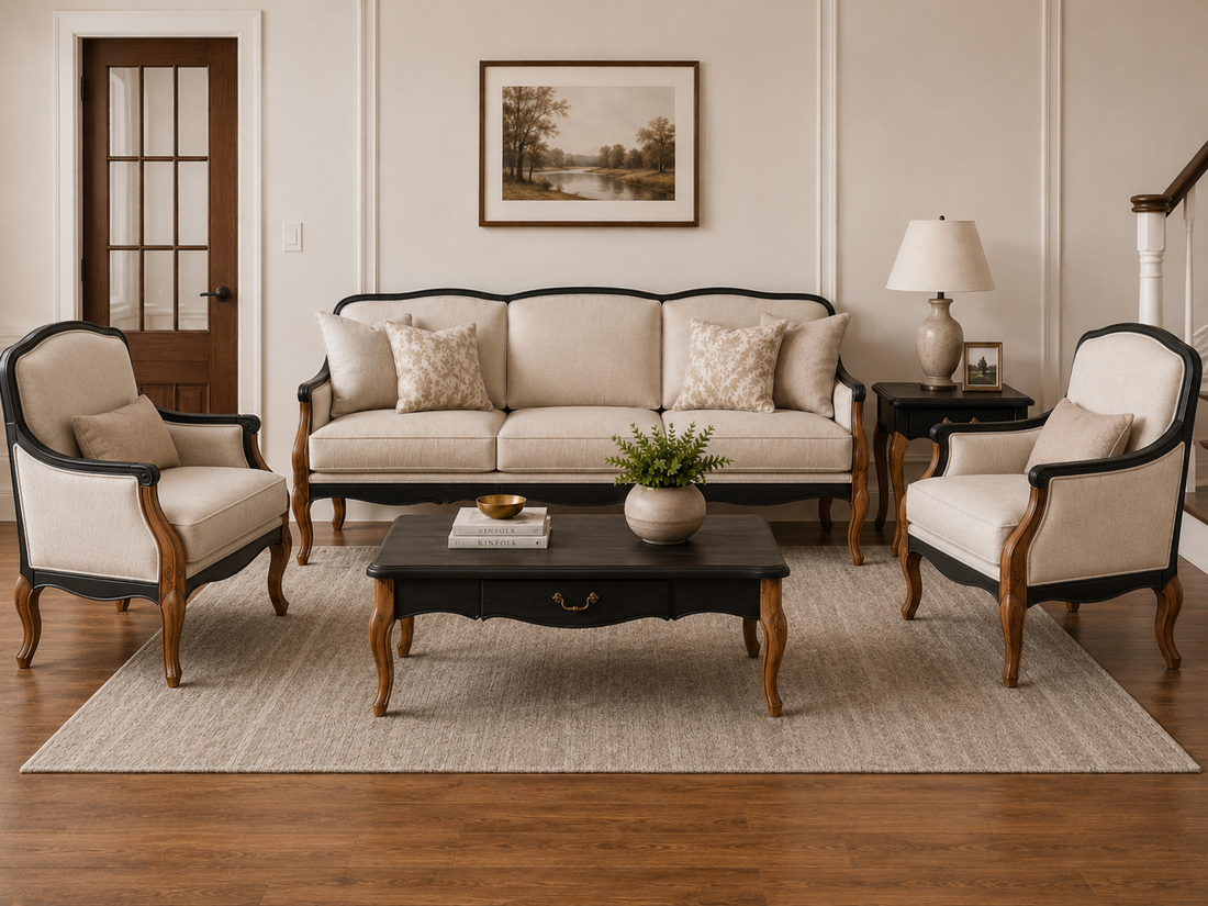 Luxury French Classic Wooden Sofa Set (3+1+1) – Cream Upholstery with Dual-Tone Finish