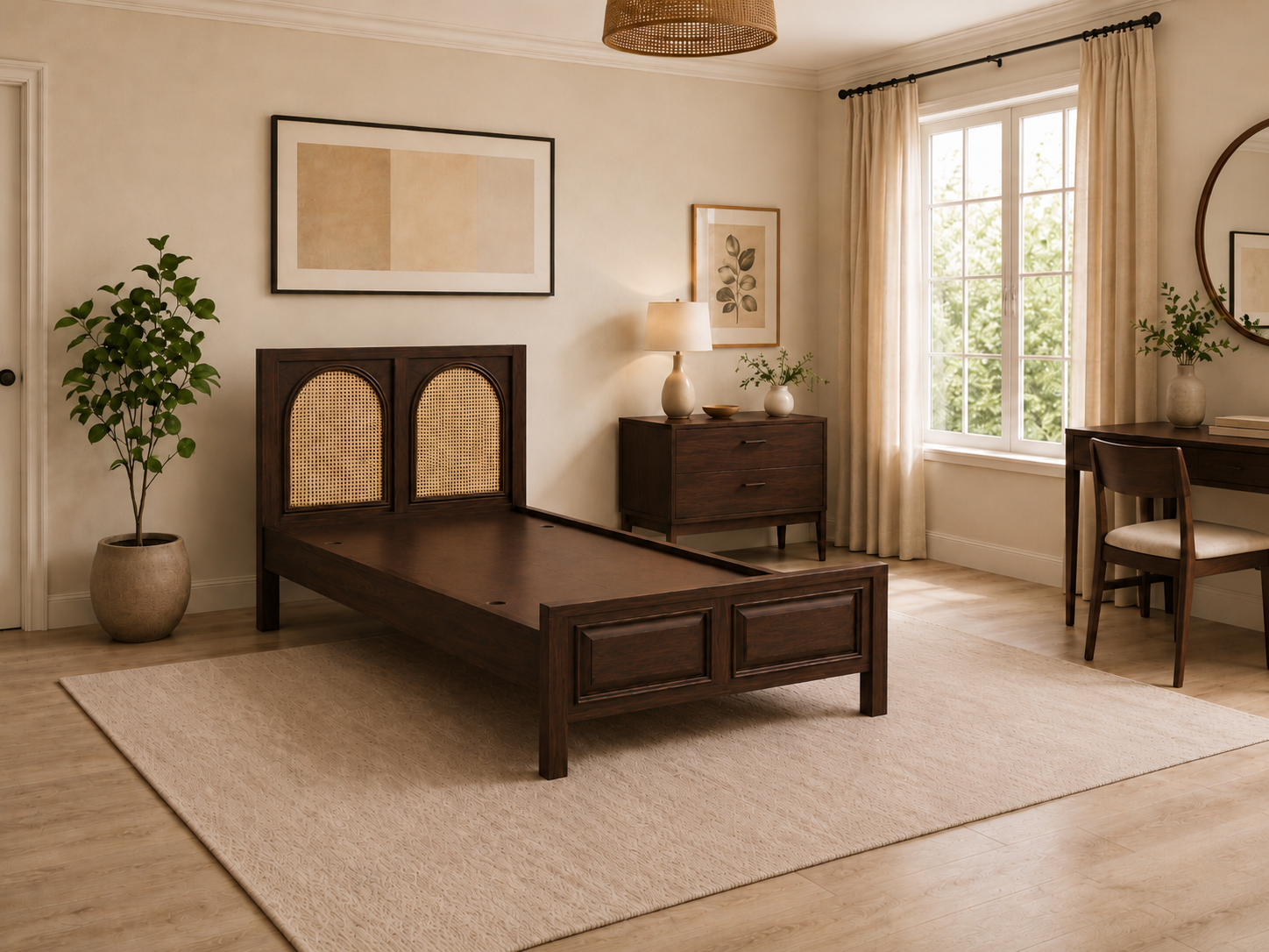 Modern Solid Wood Single Bed with Cane Headboard