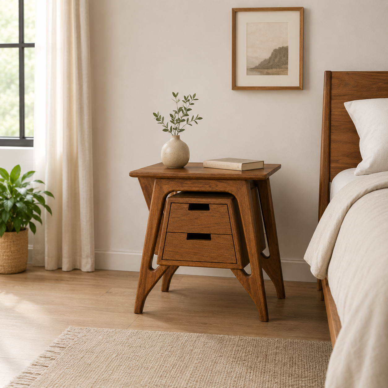 Mid-Century Solid Wood Bedside Table with 2 Drawers