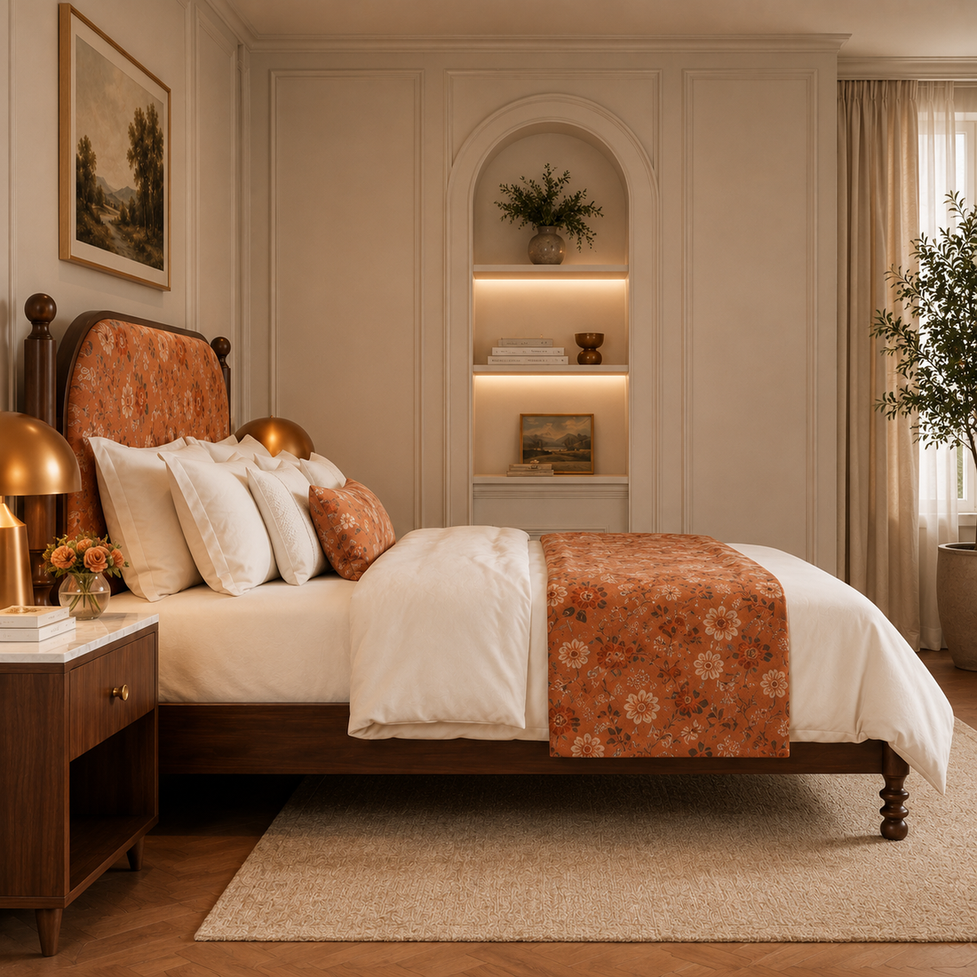 Classic Floral Upholstered Solid Wood Bed