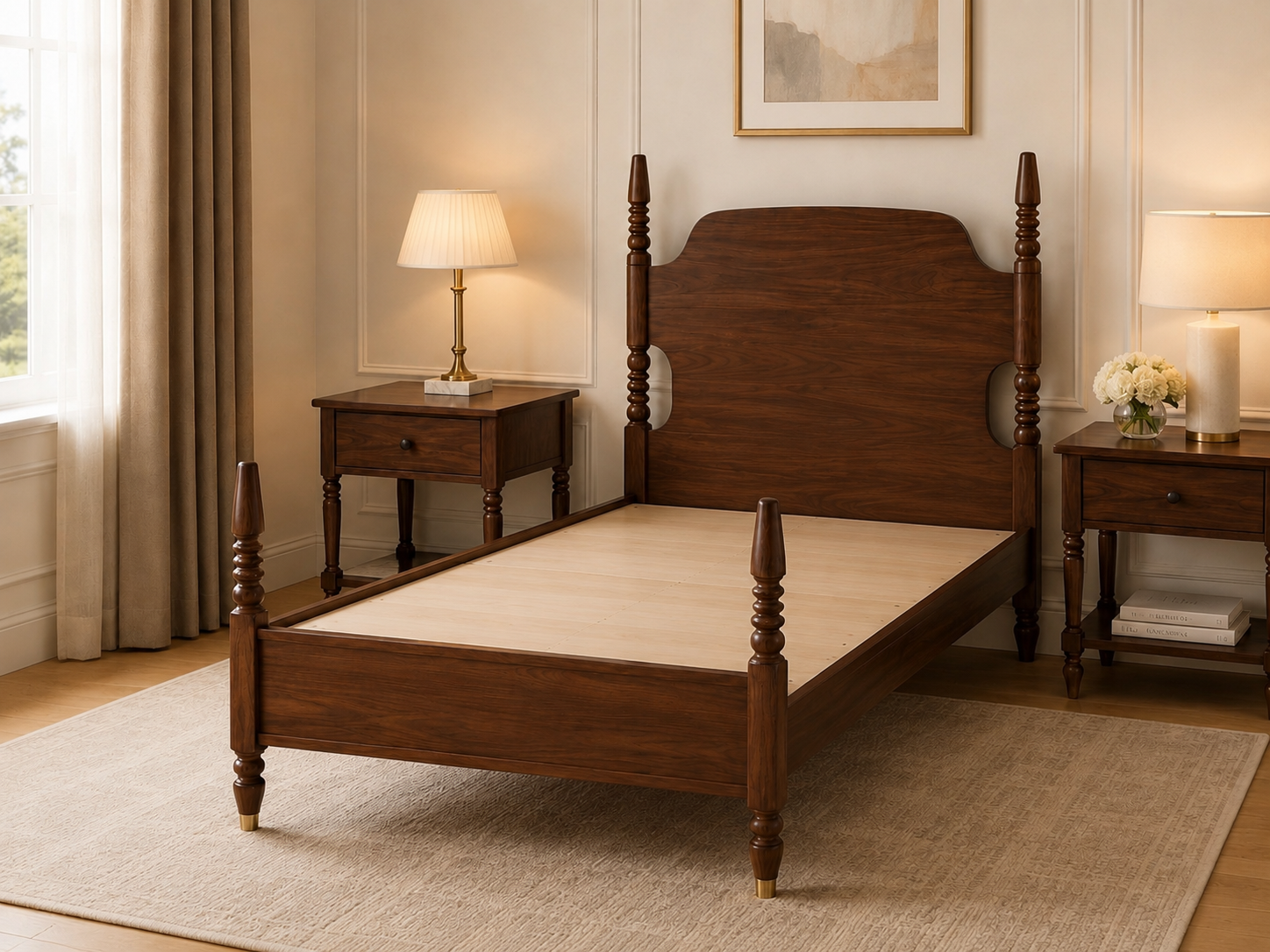 Classic Solid Wood Single Bed with Panel Headboard & Turned Posts