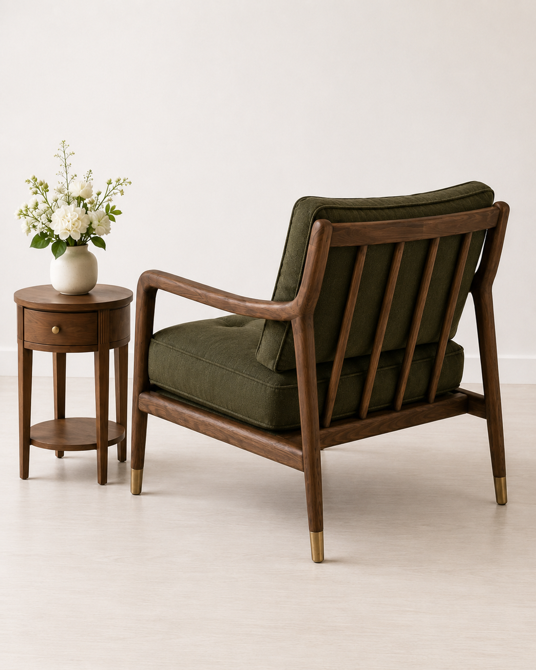 Modern Solid Wood Lounge Chair with Olive Green Upholstery