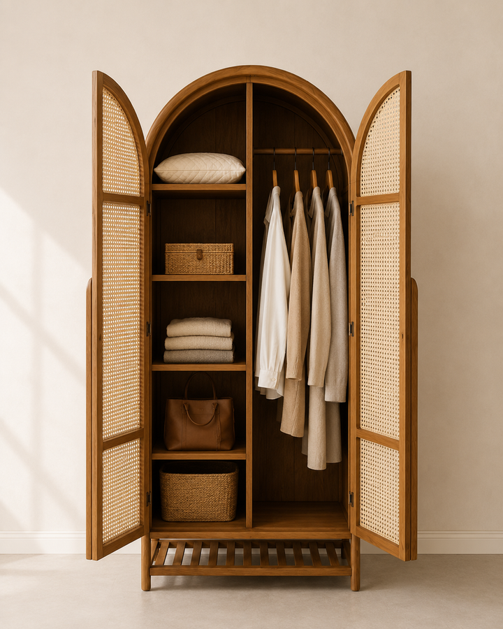 Arched Cane Wooden Wardrobe