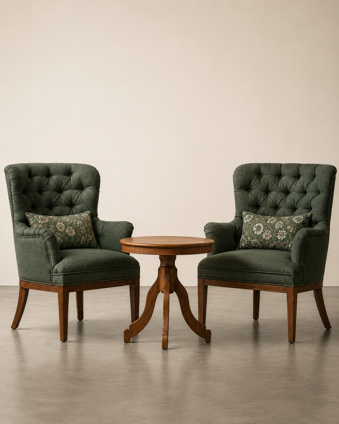 Classic Tufted Upholstered Arm Chair Set with Round Wooden Side Table