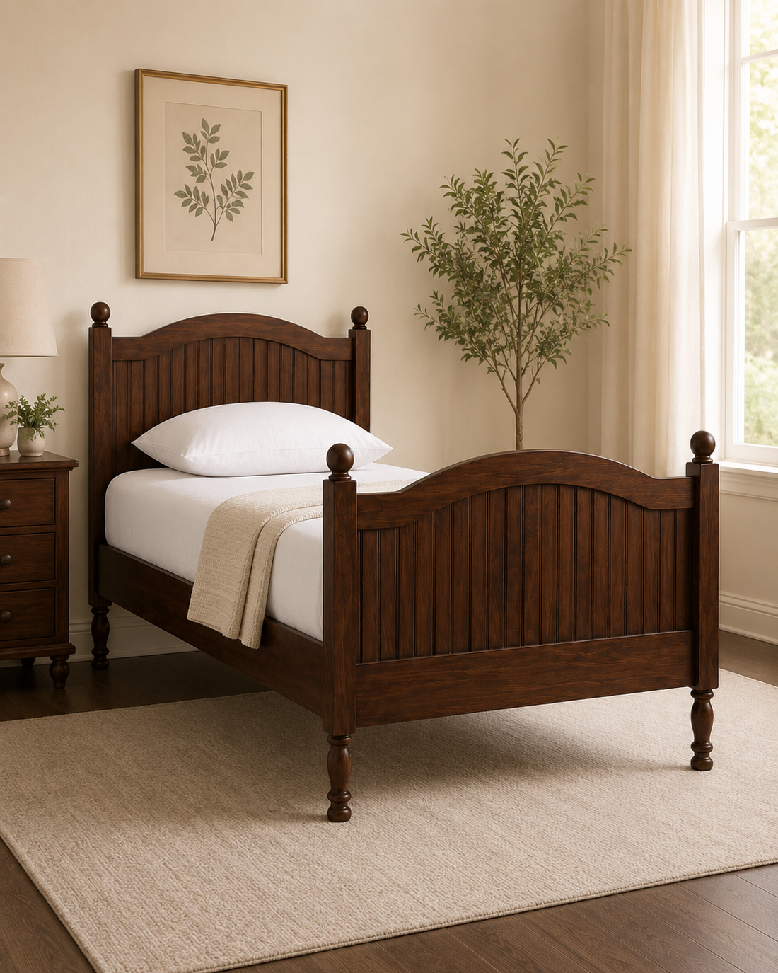 Classic Solid Wood Single Bed with Arched Panel Headboard