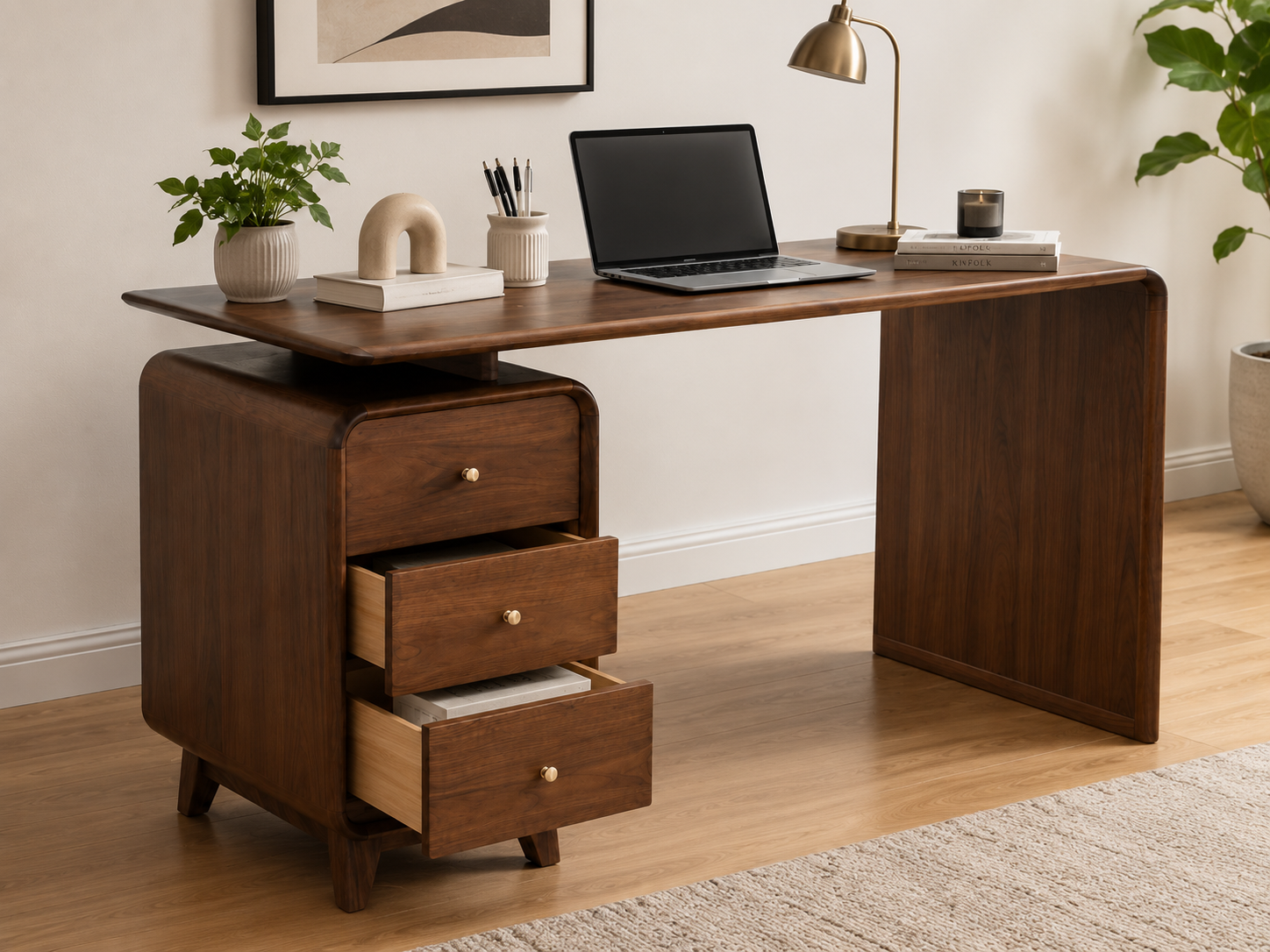 Solid Wood Writing Desk with Storage Cabinet
