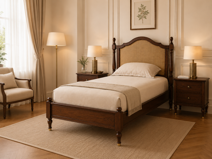 Heritage Solid Wood Single Bed with Cane Headboard