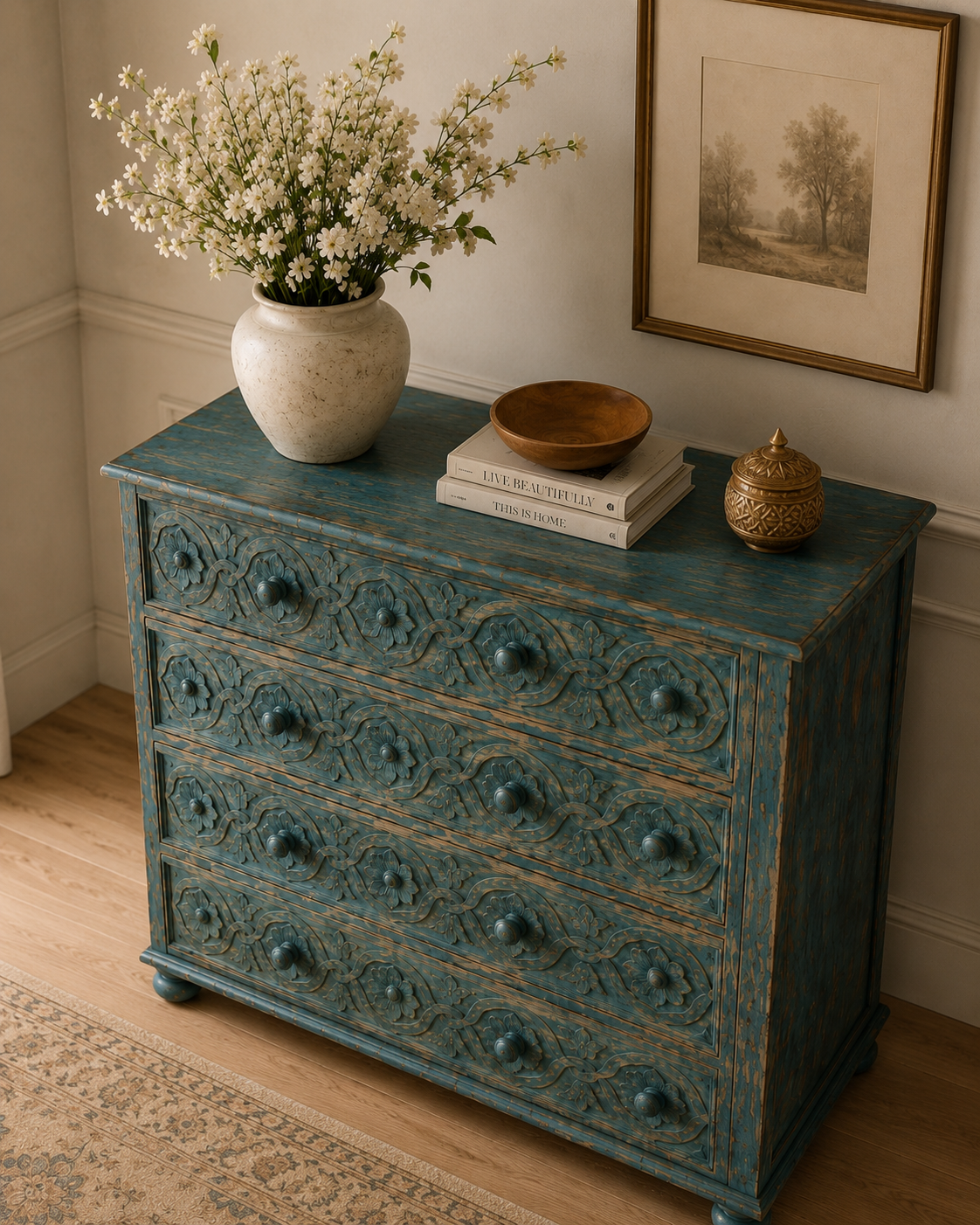 Azure Heritage Hand-Carved Chest of Drawers