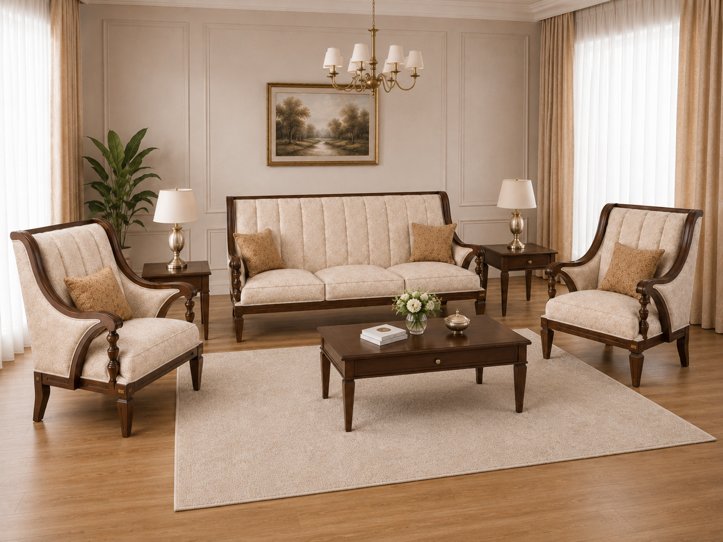 Luxury Classic Wooden Living Room Sofa Set (3+1+1)