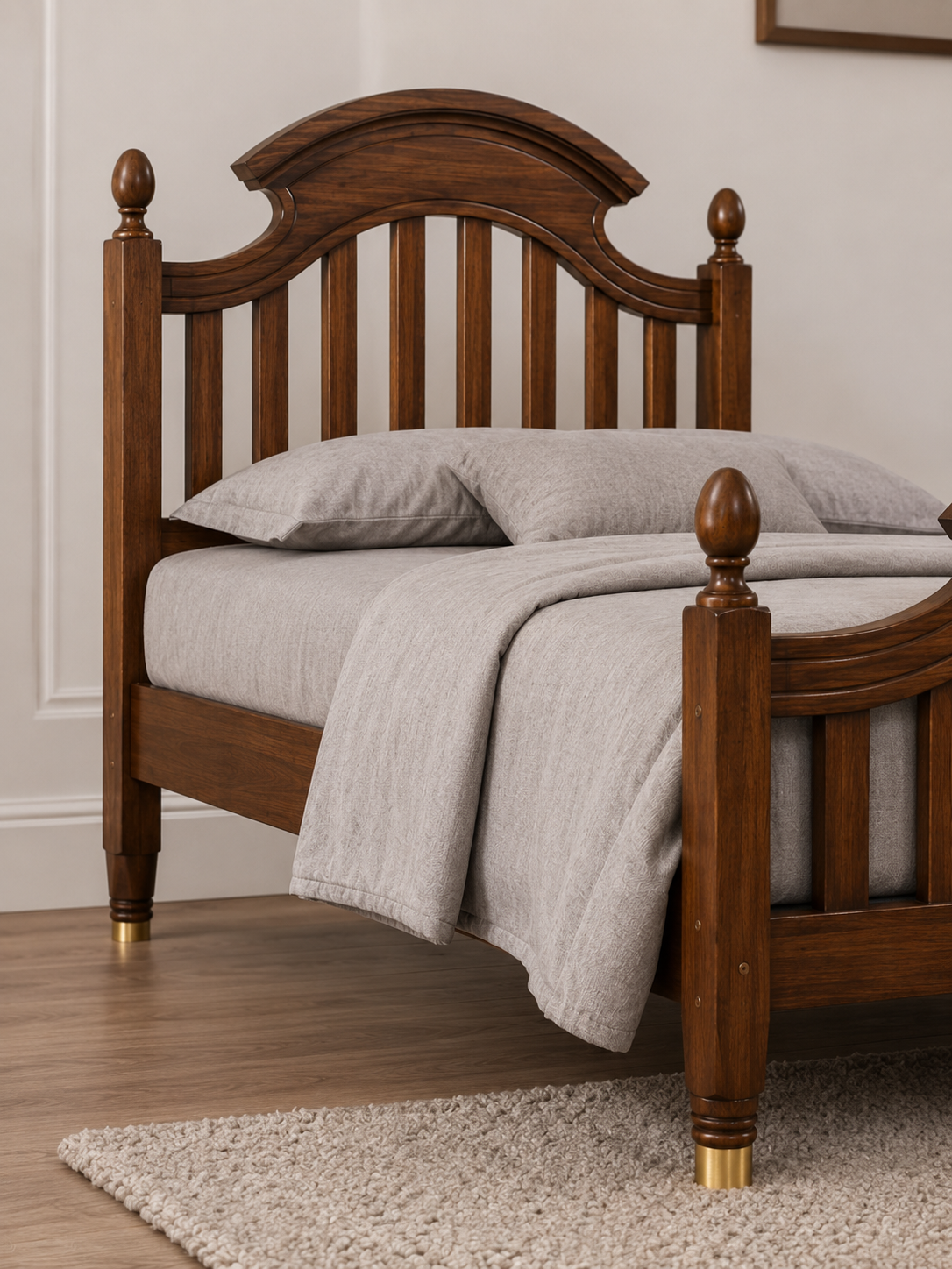 Traditional Solid Wood Single Bed with Arched Slat Headboard