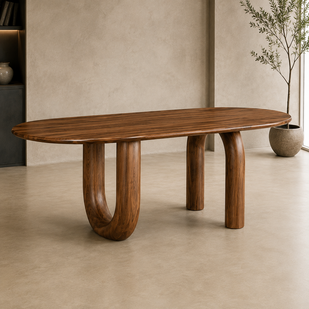 Luxury Solid Wood Oval Dining Table with Sculptural U-Base