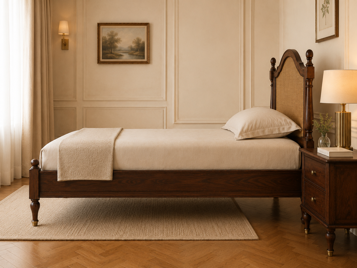 Heritage Solid Wood Single Bed with Cane Headboard