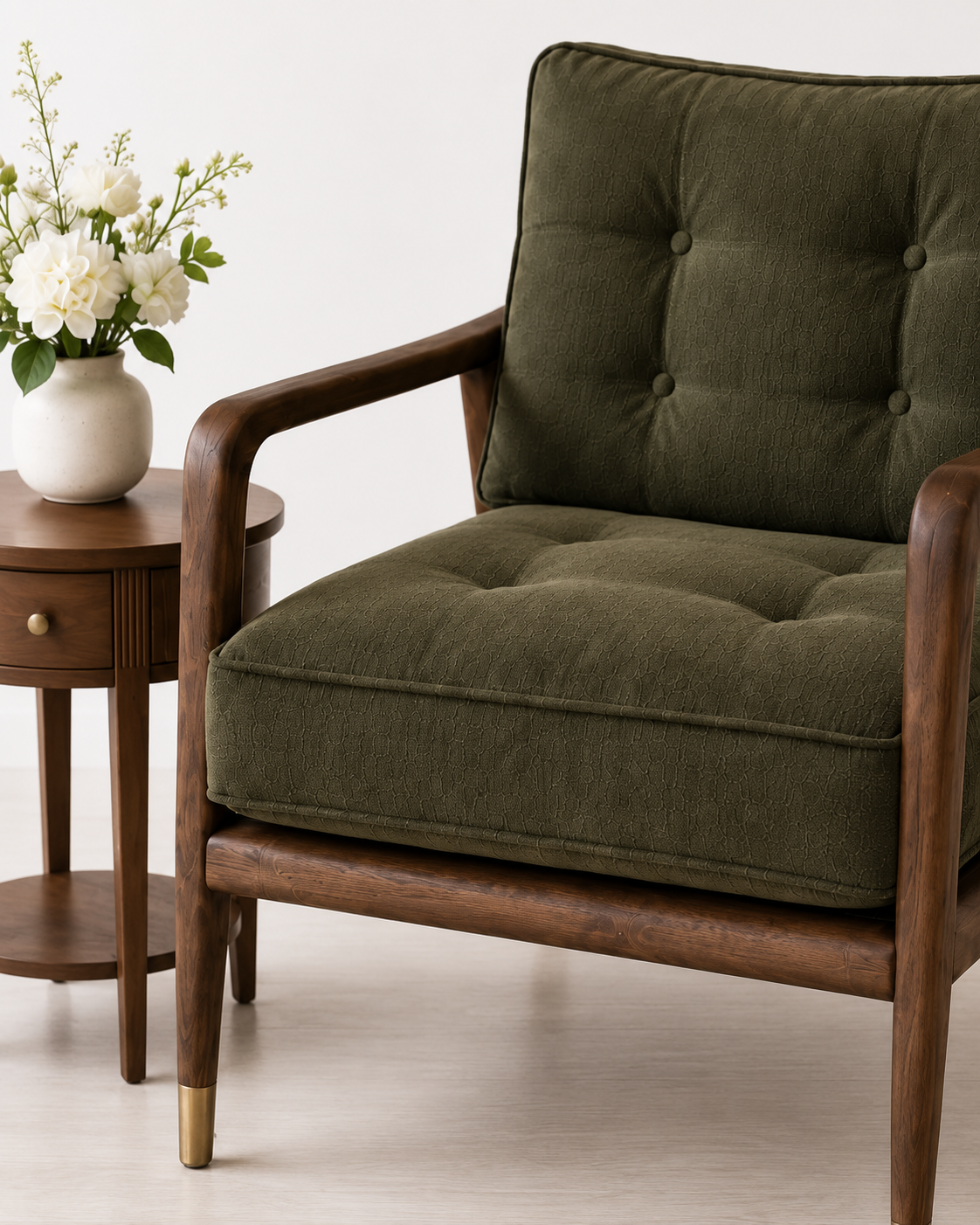 Modern Solid Wood Lounge Chair with Olive Green Upholstery