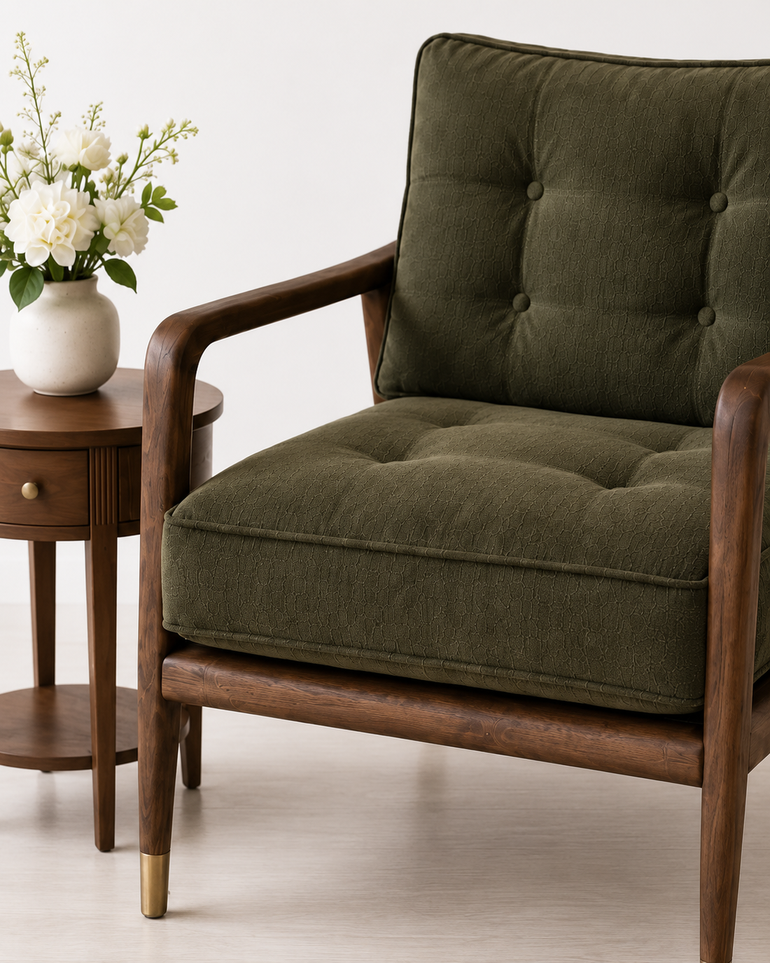 Modern Solid Wood Lounge Chair with Olive Green Upholstery