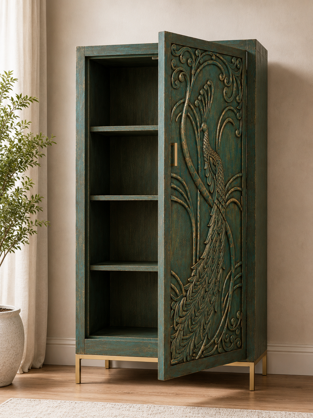 Handcrafted Peacock Carved Accent Cabinet