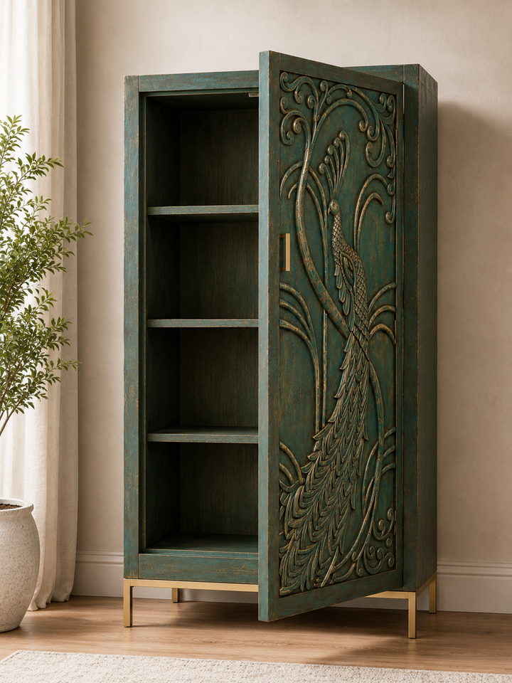 Handcrafted Peacock Carved Accent Cabinet