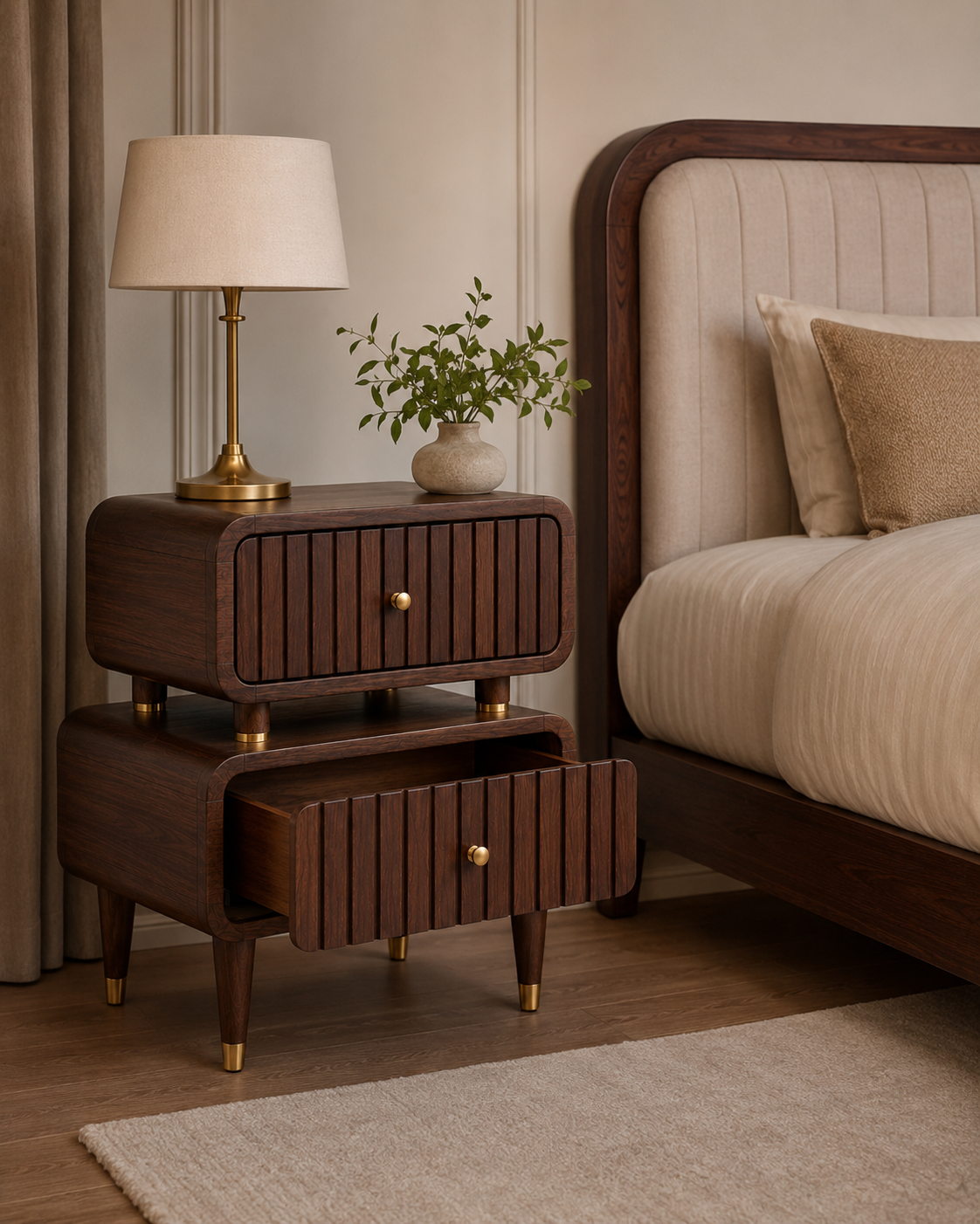 Modern Solid Wood Fluted Bedside Table with 2 Drawers