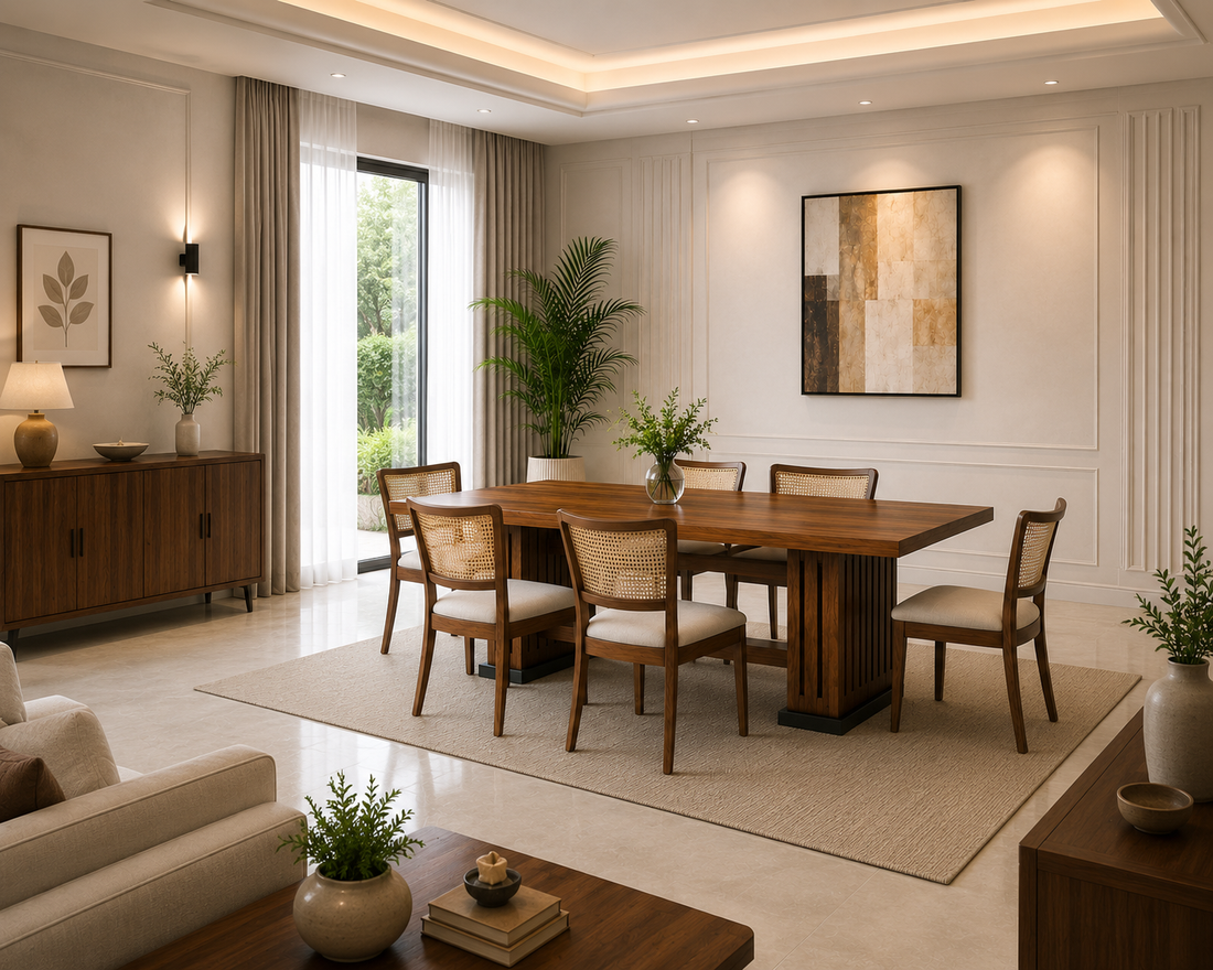 Luxury Solid Wood Dining Table Set with Cane Back Chairs