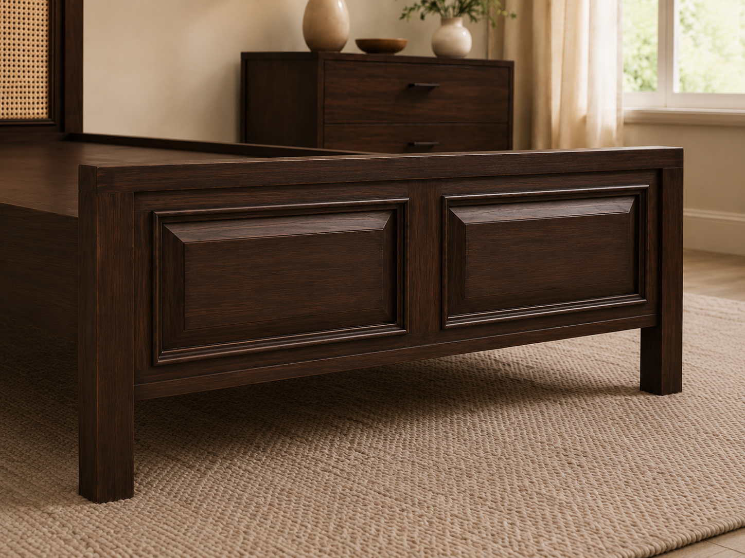 Modern Solid Wood Single Bed with Cane Headboard
