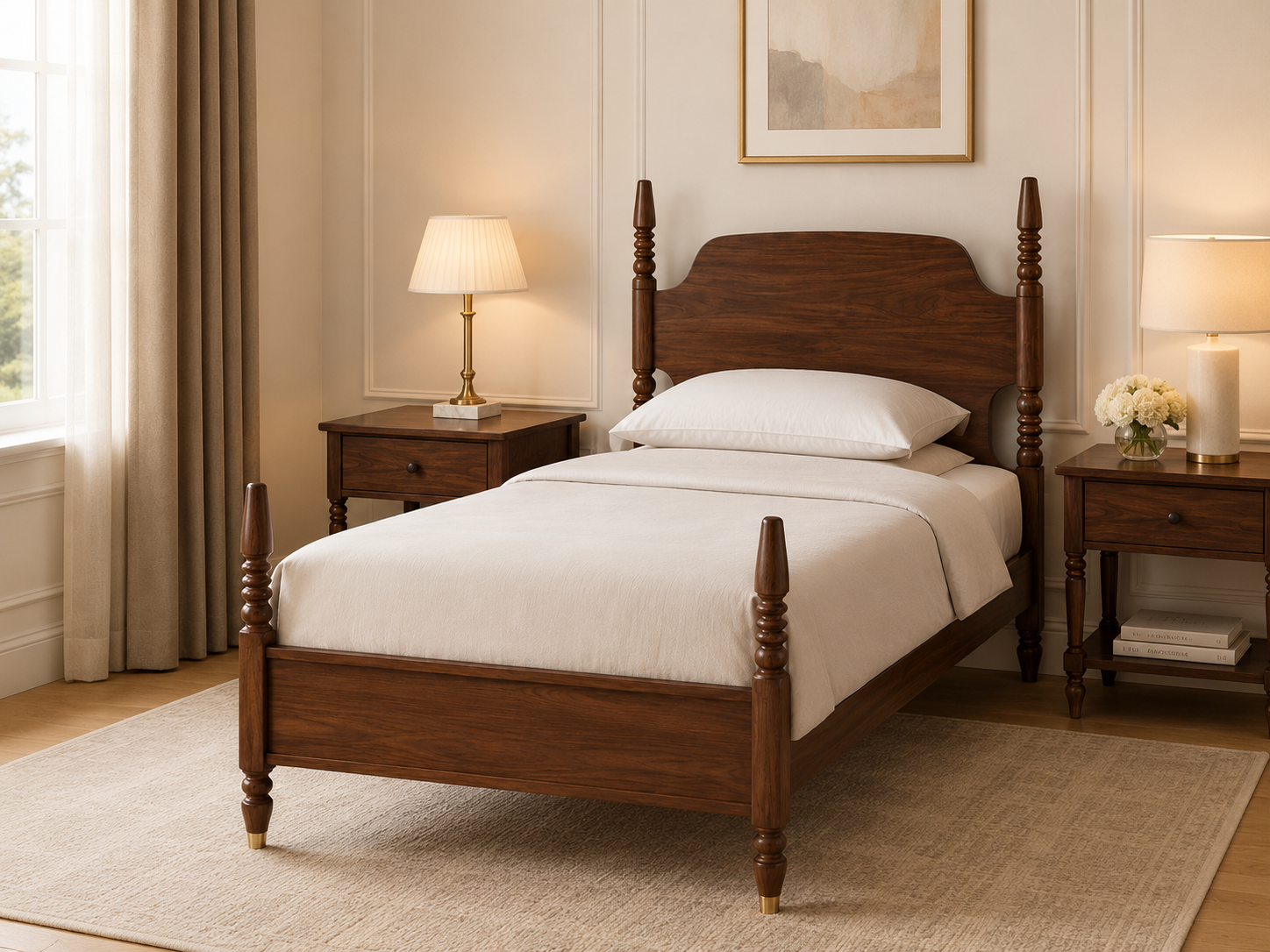 Classic Solid Wood Single Bed with Panel Headboard & Turned Posts