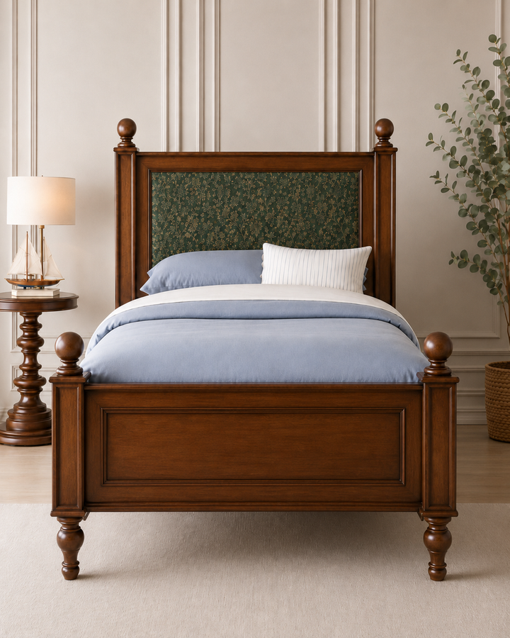 Classic Solid Wood Single Bed with Upholstered Headboard
