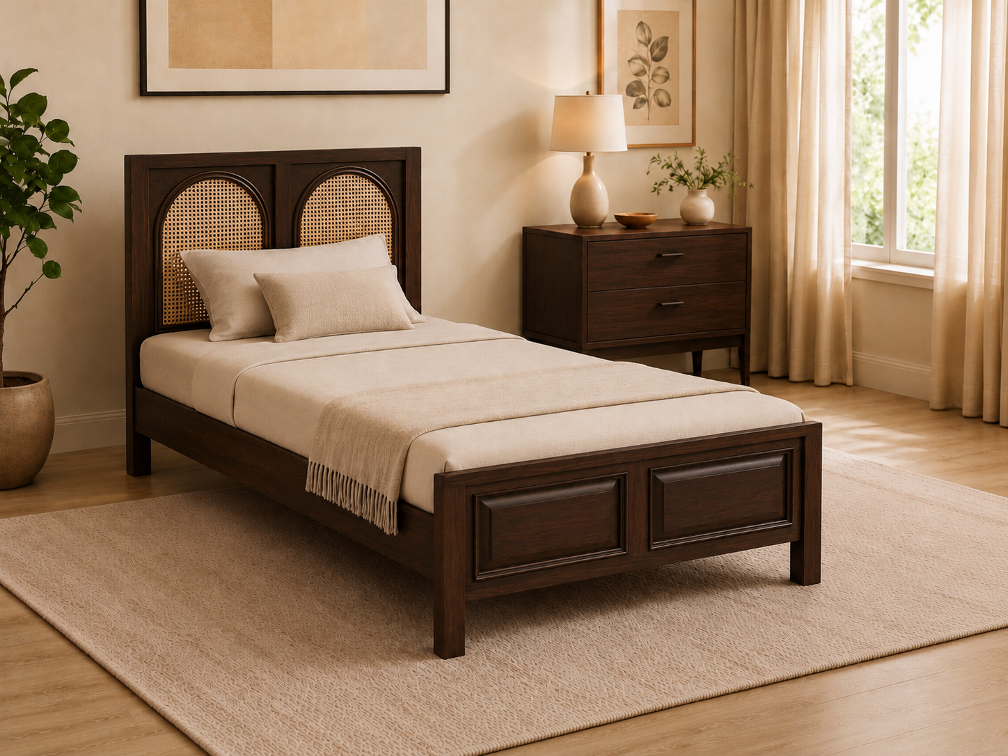 Modern Solid Wood Single Bed with Cane Headboard