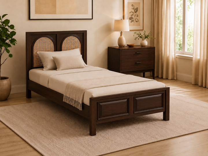 Modern Solid Wood Single Bed with Cane Headboard
