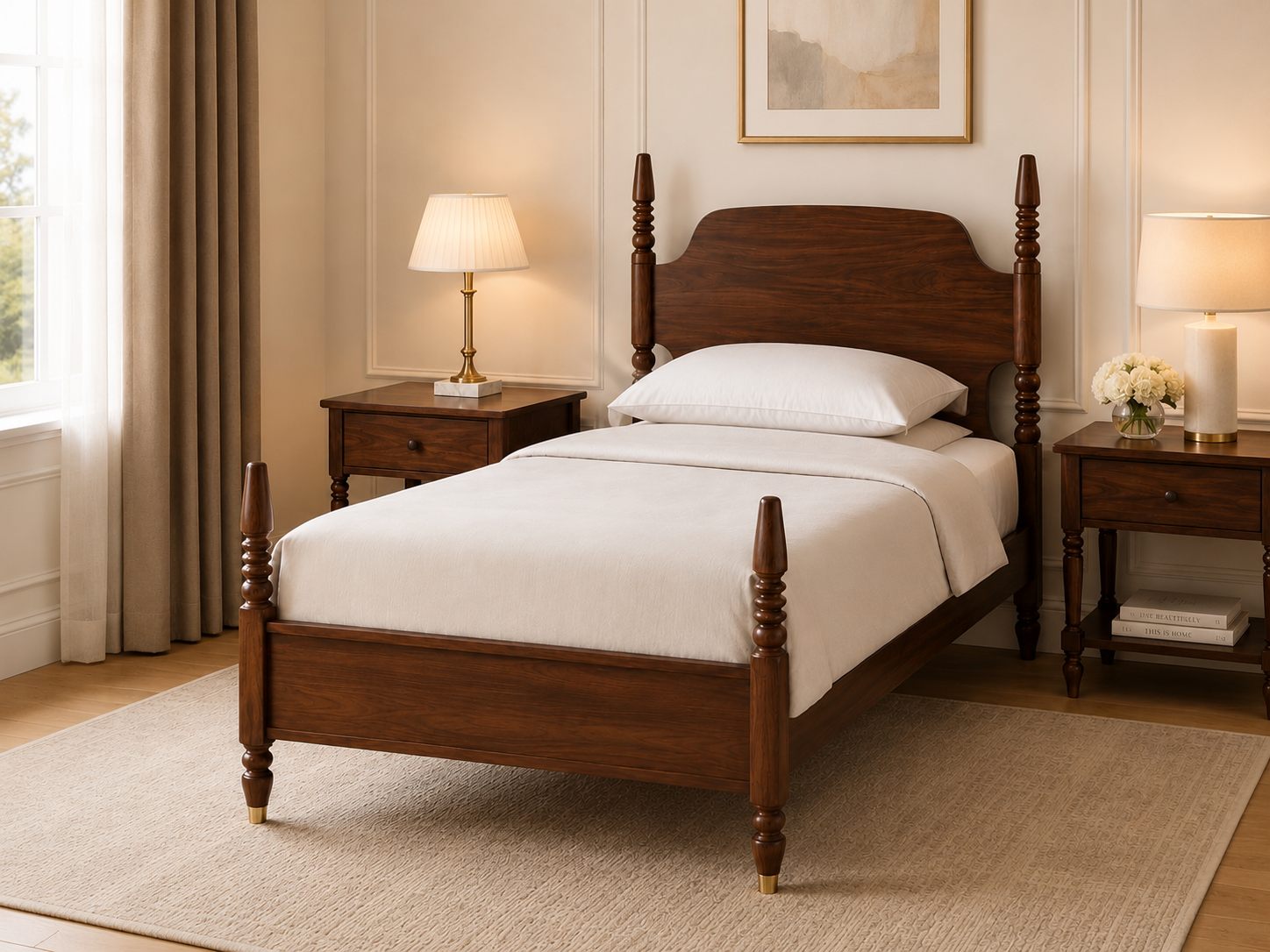 Classic Solid Wood Single Bed with Panel Headboard & Turned Posts