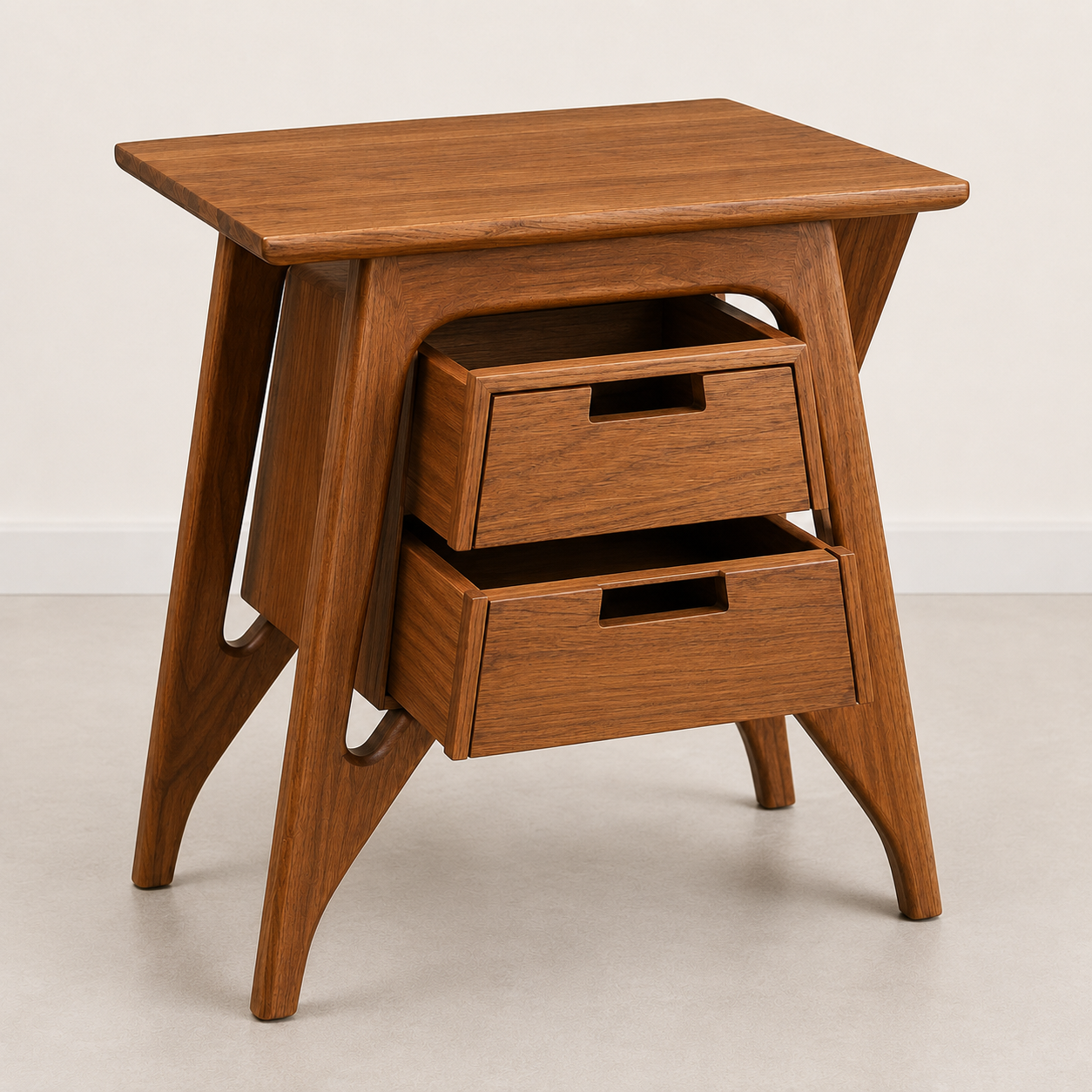 Mid-Century Solid Wood Bedside Table with 2 Drawers