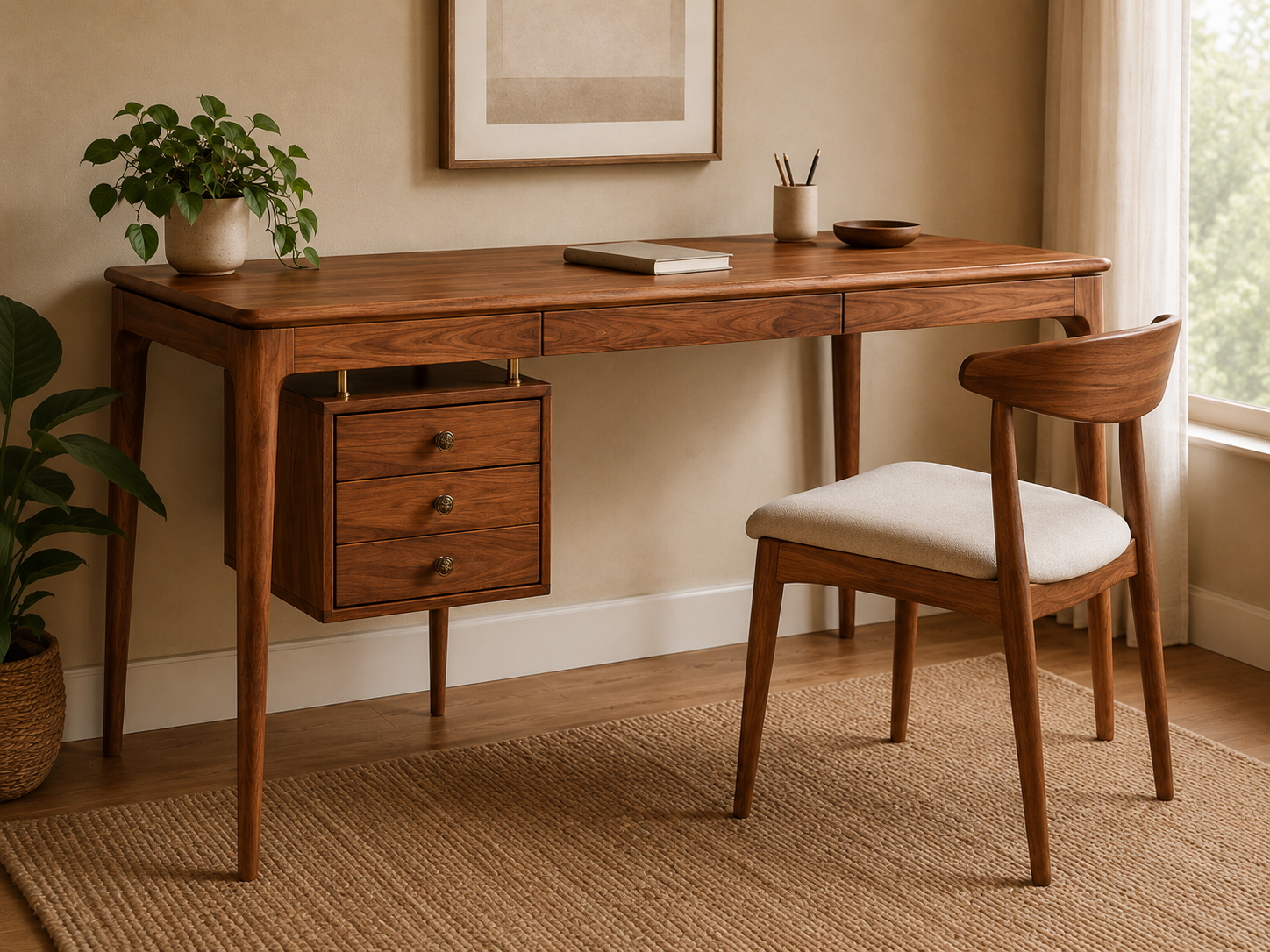 Scandinavian Executive Desk with Floating Drawer Cabinet