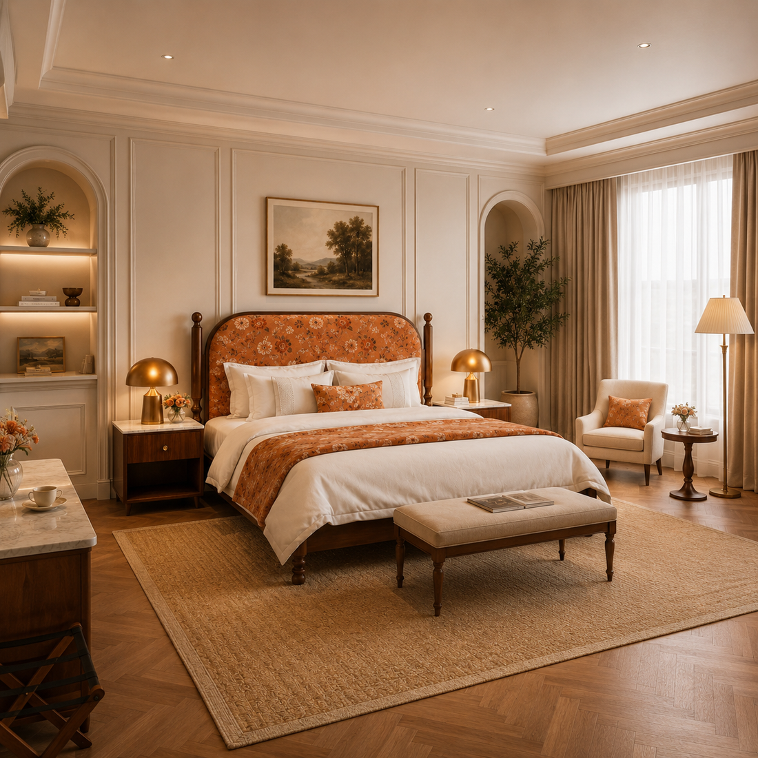 Classic Floral Upholstered Solid Wood Bed