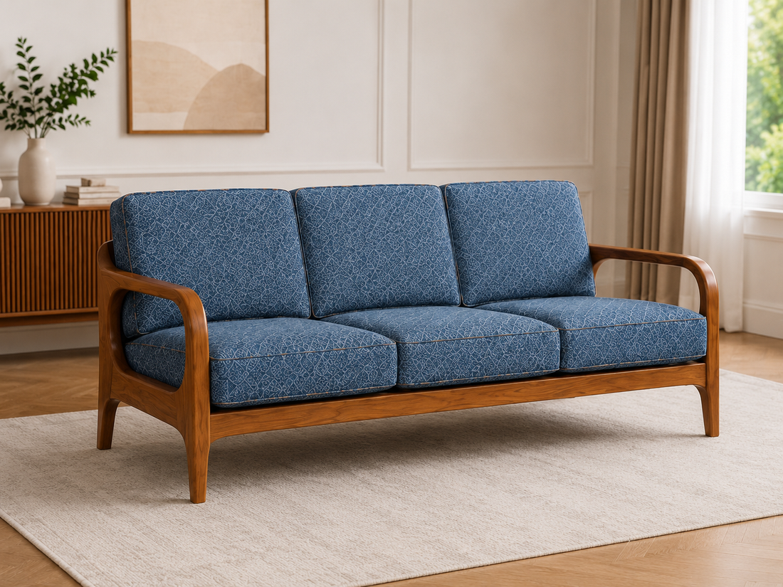 Modern Wooden Frame 3-Seater Fabric Sofa