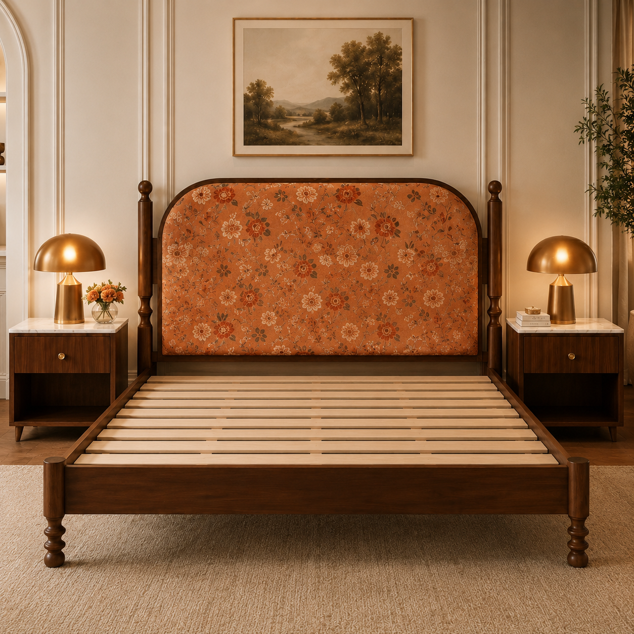 Classic Floral Upholstered Solid Wood Bed