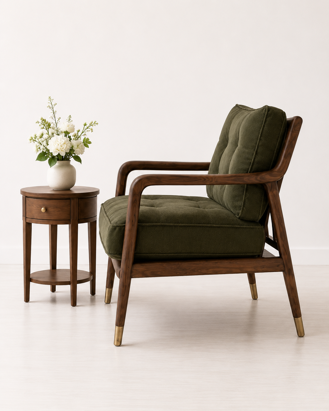Modern Solid Wood Lounge Chair with Olive Green Upholstery