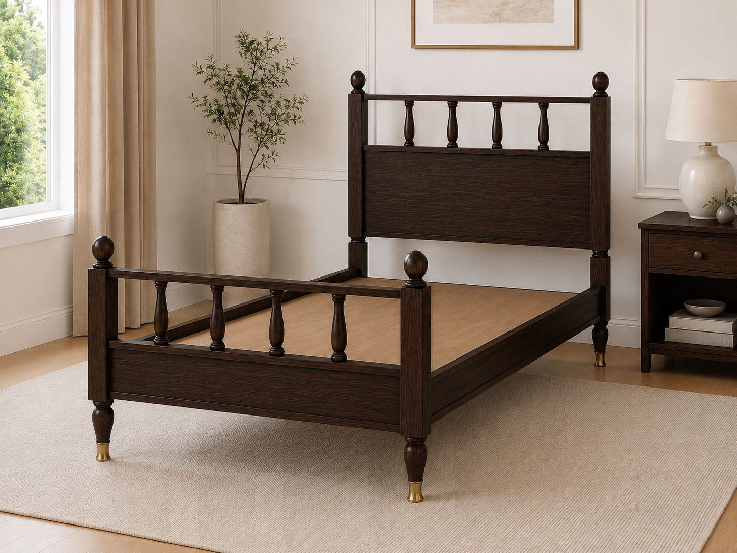 Classic Solid Wood Single Bed with Turned Spindle Headboard