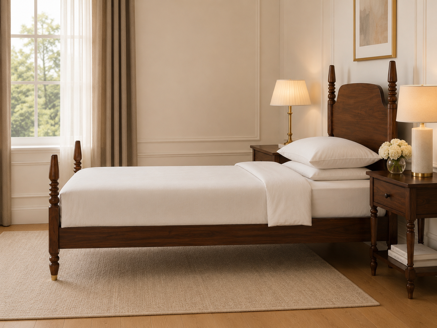Classic Solid Wood Single Bed with Panel Headboard & Turned Posts