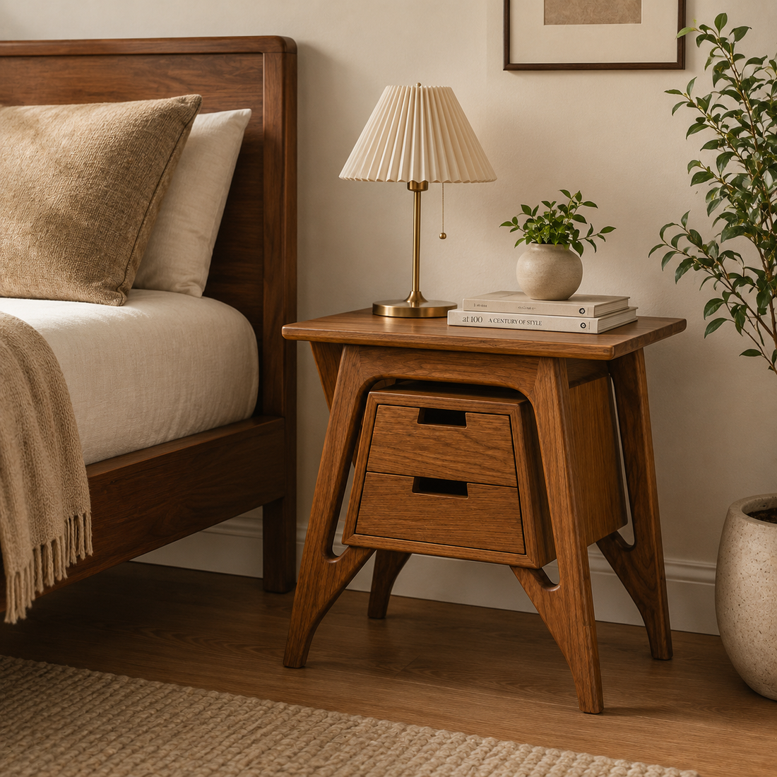 Mid-Century Solid Wood Bedside Table with 2 Drawers