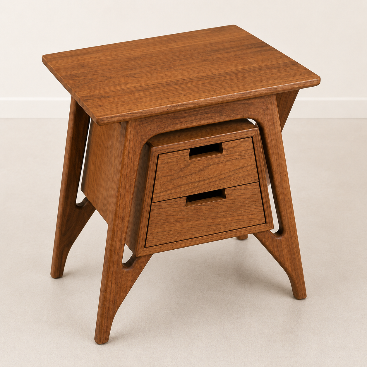 Mid-Century Solid Wood Bedside Table with 2 Drawers
