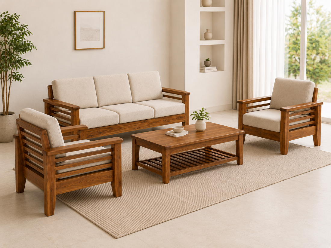Contemporary Solid Wood Living Room Sofa Set (3+1+1)
