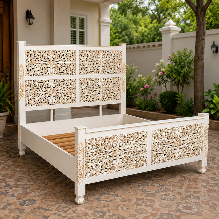 Ivory Bloom Hand-Carved Bed