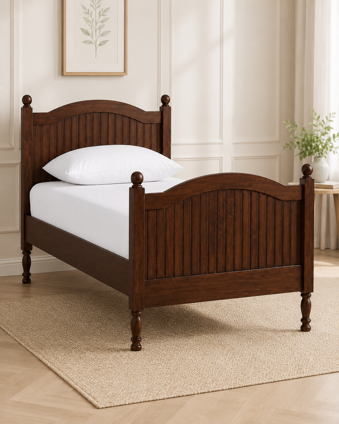 Classic Solid Wood Single Bed with Arched Panel Headboard