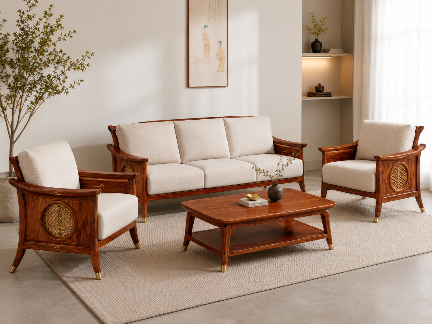 Premium Wooden Living Room Sofa Set with Cane Panel (3+1+1)