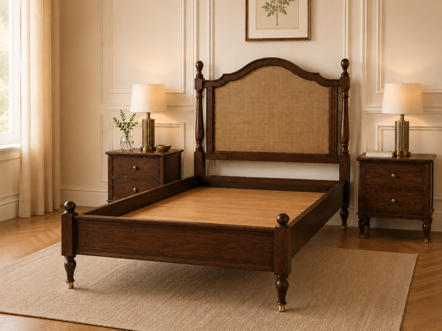 Heritage Solid Wood Single Bed with Cane Headboard
