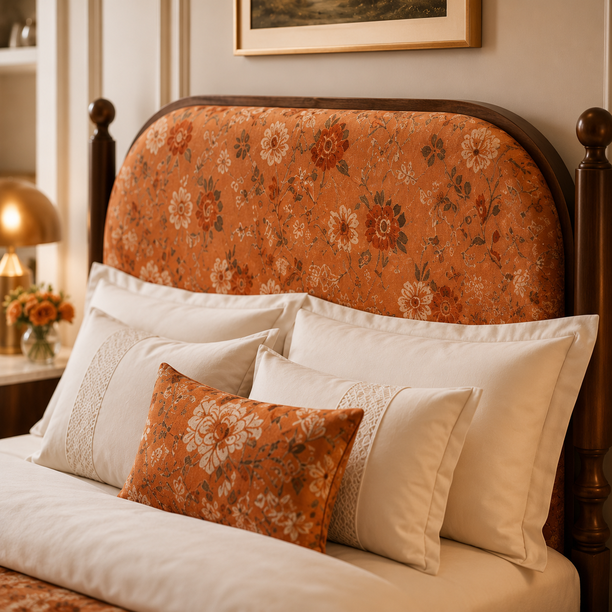 Classic Floral Upholstered Solid Wood Bed