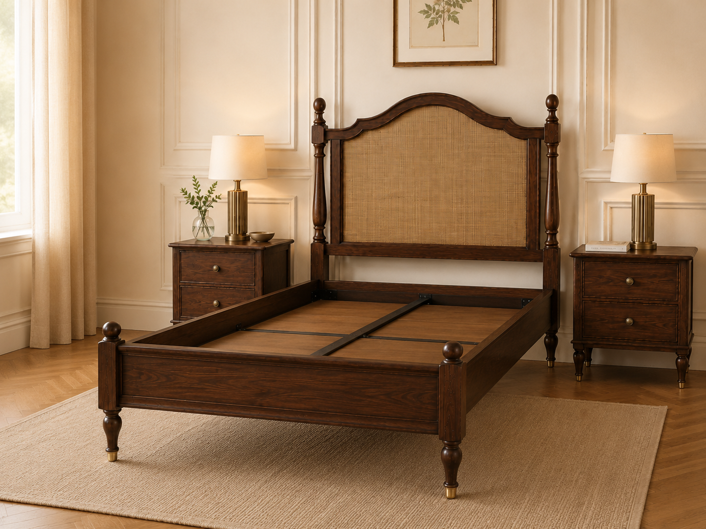 Heritage Solid Wood Single Bed with Cane Headboard