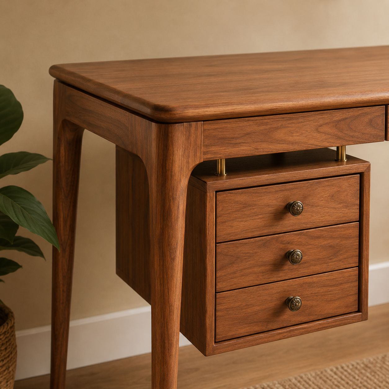 Scandinavian Executive Desk with Floating Drawer Cabinet