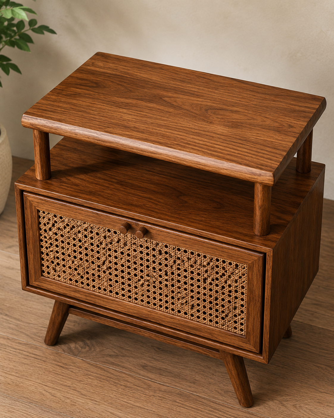 Solid Wood Cane Bedside Table with Open Shelf