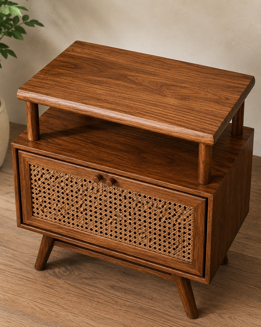 Solid Wood Cane Bedside Table with Open Shelf