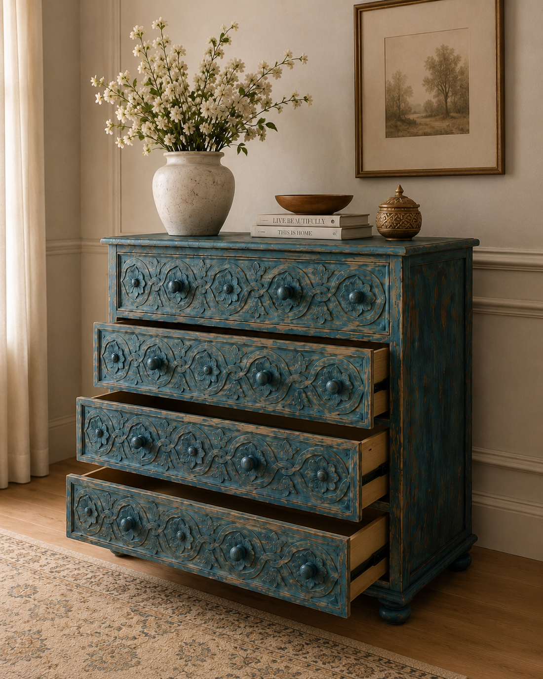 Azure Heritage Hand-Carved Chest of Drawers