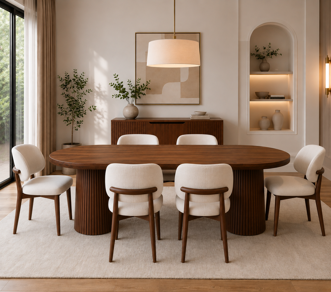 Luxury Oval Wood Dining Table with Fluted Pedestal Base